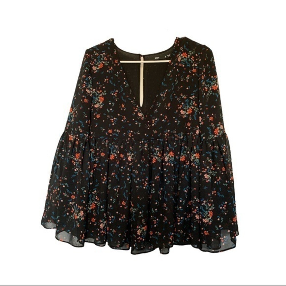 Sportsgirl Black Pink Floral Babydoll Peplum Blouse Size 8 EUC #7039